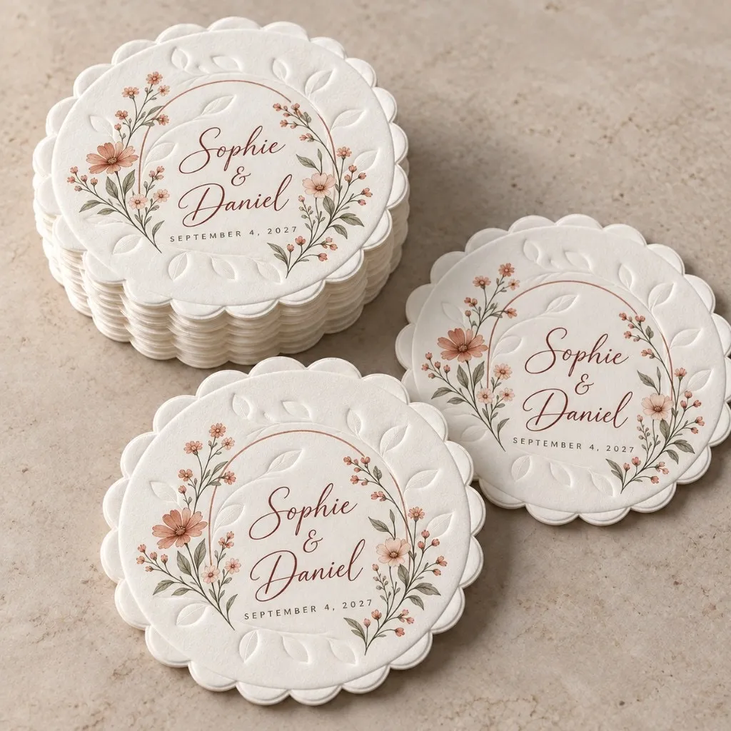 Round wedding coaster with Sophie and Daniel in terracotta script and a wildflower wreath