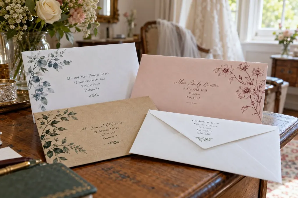 Wedding envelope printing in Ireland — white, blush and kraft envelopes with floral designs and guest addresses