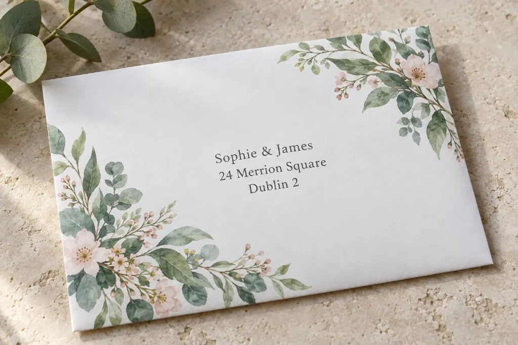 Personalised floral wedding envelope printed with names and a Dublin address