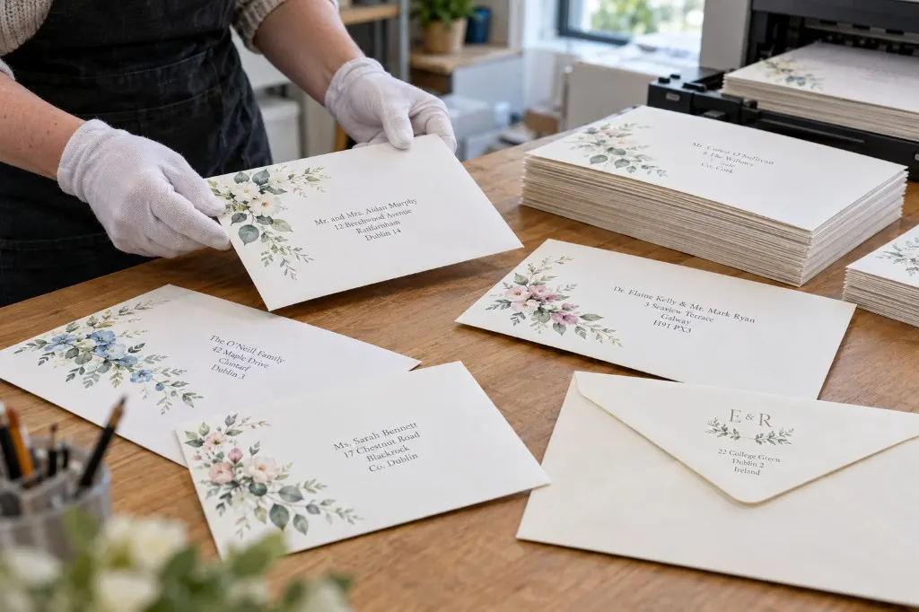 Printed wedding envelopes being addressed in Ireland, with guest names for Dublin, Cork and Galway