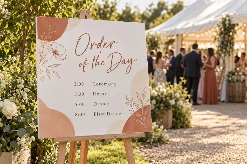 Foamex order of the day wedding board on an easel outside a marquee