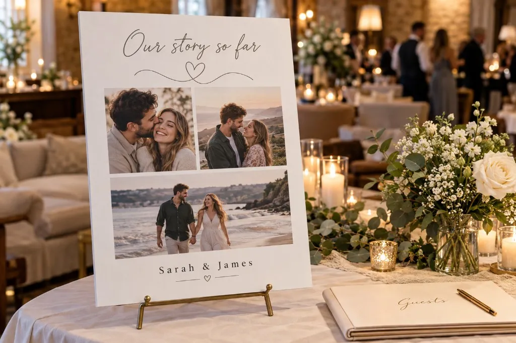 Foamex photo board, our story so far, on a wedding reception table