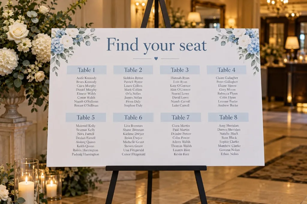 Foamex wedding seating plan, find your seat, printed for eight tables