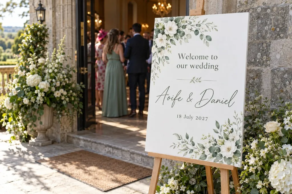 Foamex wedding welcome board for Aoife and Daniel at a stone venue entrance