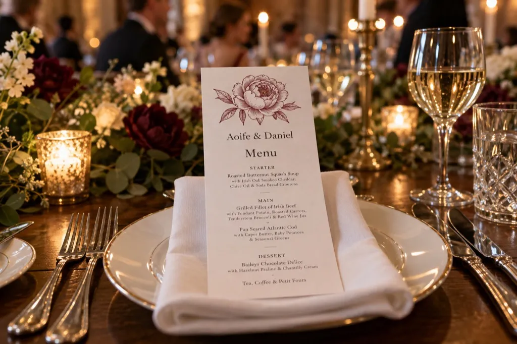 Burgundy peony wedding menu for Aoife and Daniel, standing on a napkin at the place setting