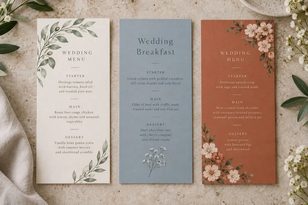 Three wedding menu cards in cream, dusty blue and terracotta with olive, gypsophila and floral designs