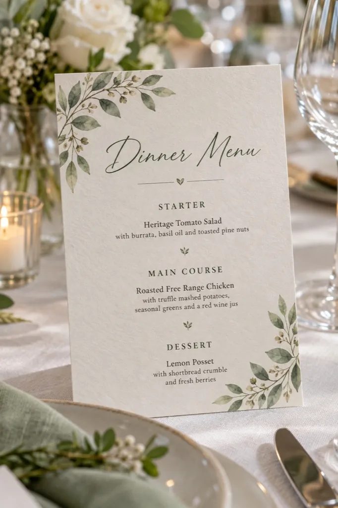 Sage wedding dinner menu card with a leafy border, standing on a reception table