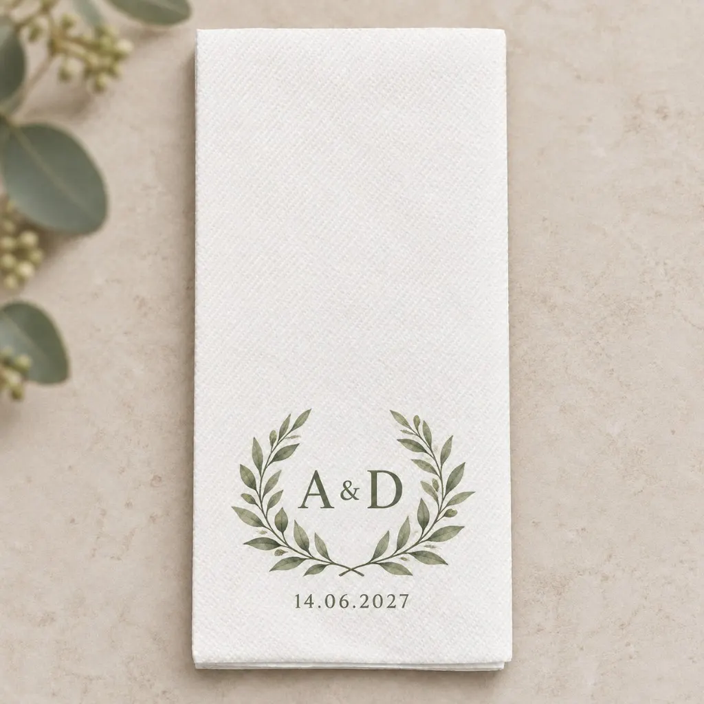 White airlaid 10 × 20 cm wedding napkin printed with a green laurel wreath, initials and wedding date