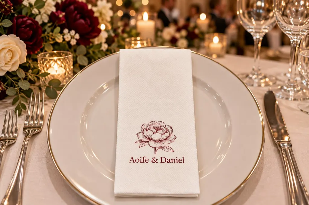 Printed wedding napkin on a dinner plate with a burgundy peony and the couple’s names