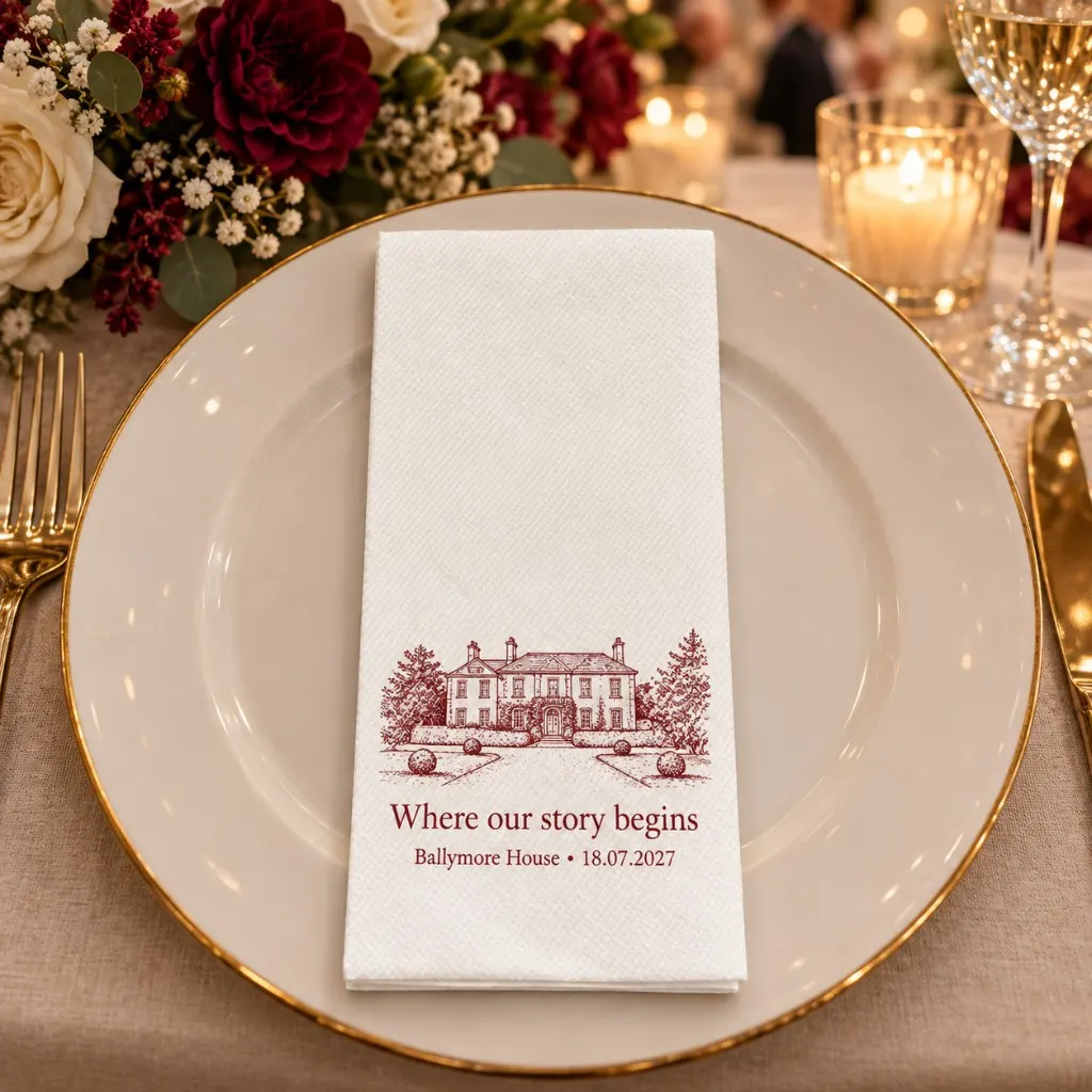 Wedding napkin printed in burgundy with a line illustration of the wedding venue and the date