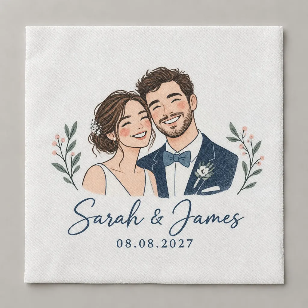 Wedding napkin printed in full colour with a cartoon portrait of the couple, their names and the date