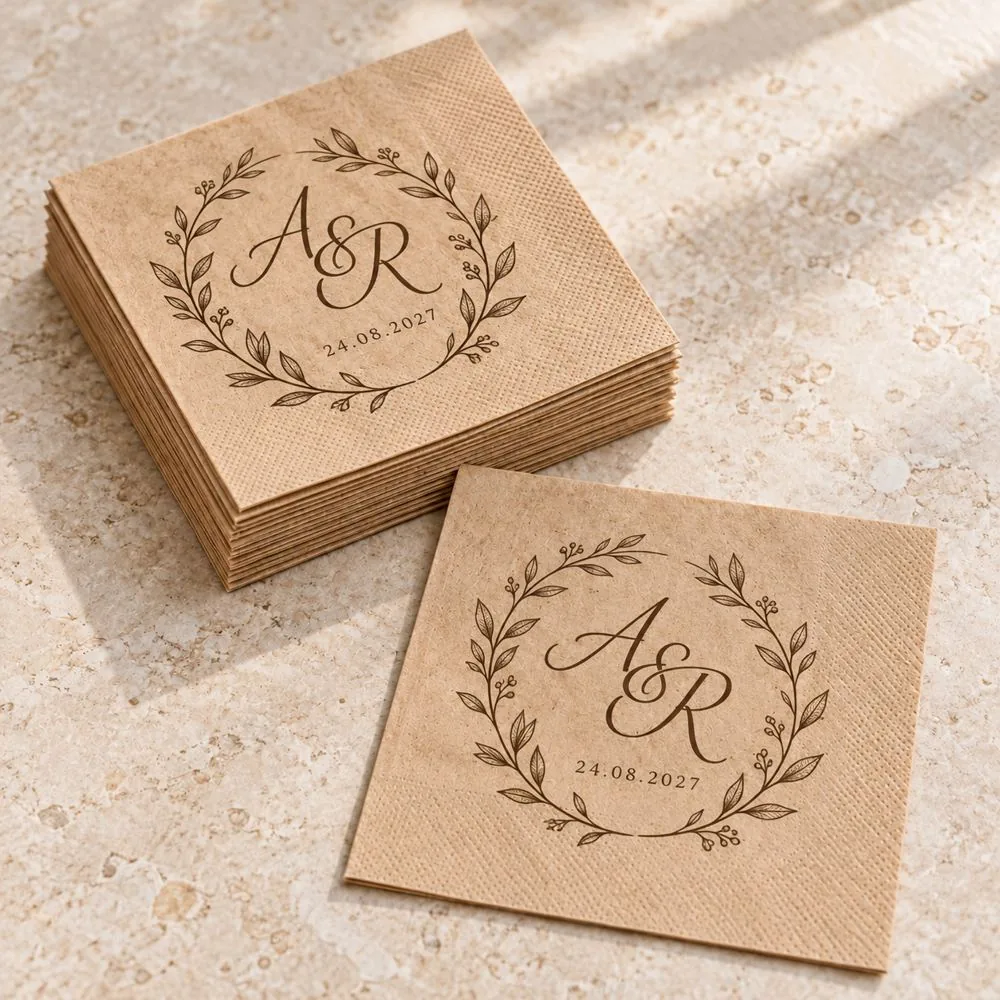 Brown eco-friendly kraft wedding napkins in Ireland, custom printed with an A and R monogram wreath and the date 24 August 2027