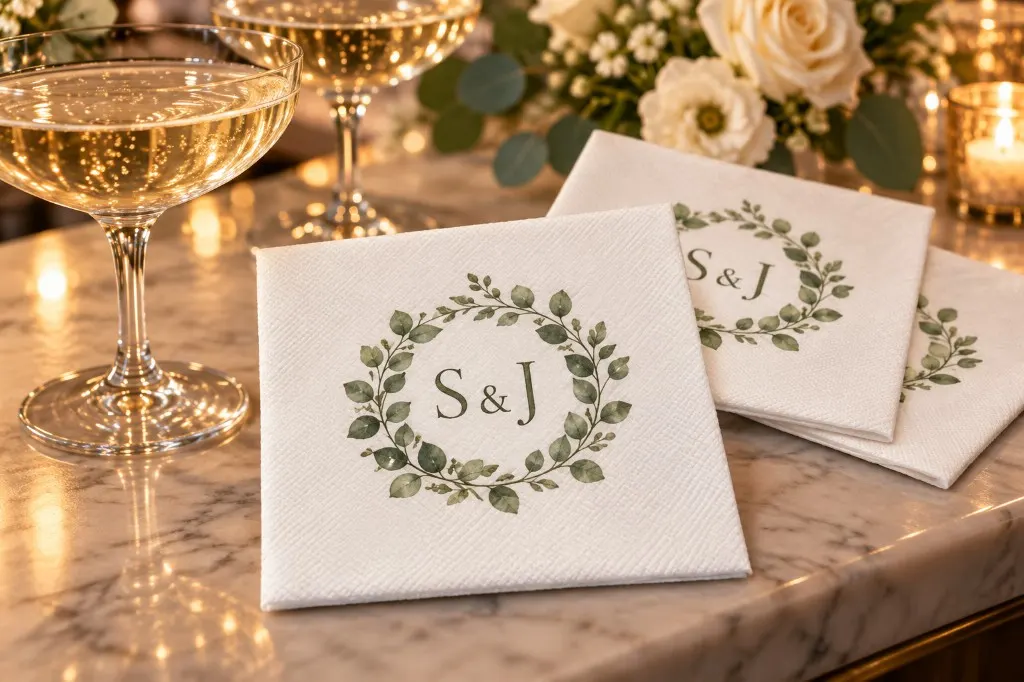 Wedding cocktail napkins printed with a green wreath monogram on a marble bar beside champagne coupes