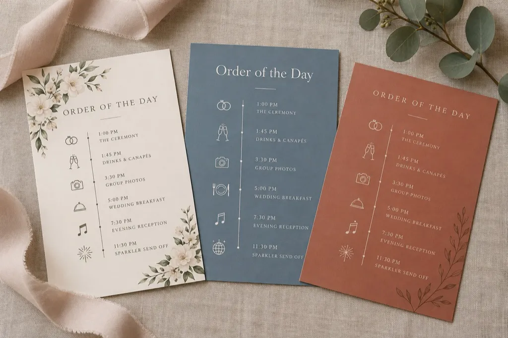 Three order of the day cards in cream florals, dusty blue and terracotta