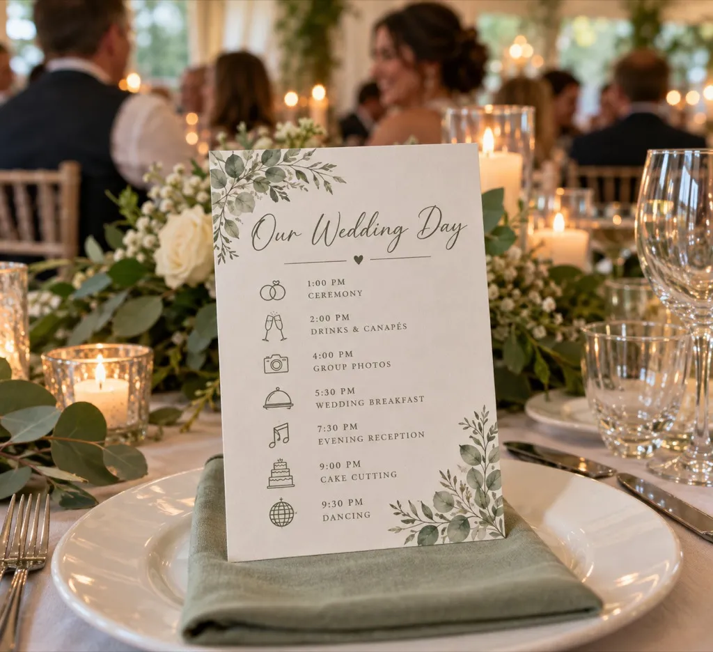 Sage order of the day card, Our Wedding Day, standing on a plate at the reception