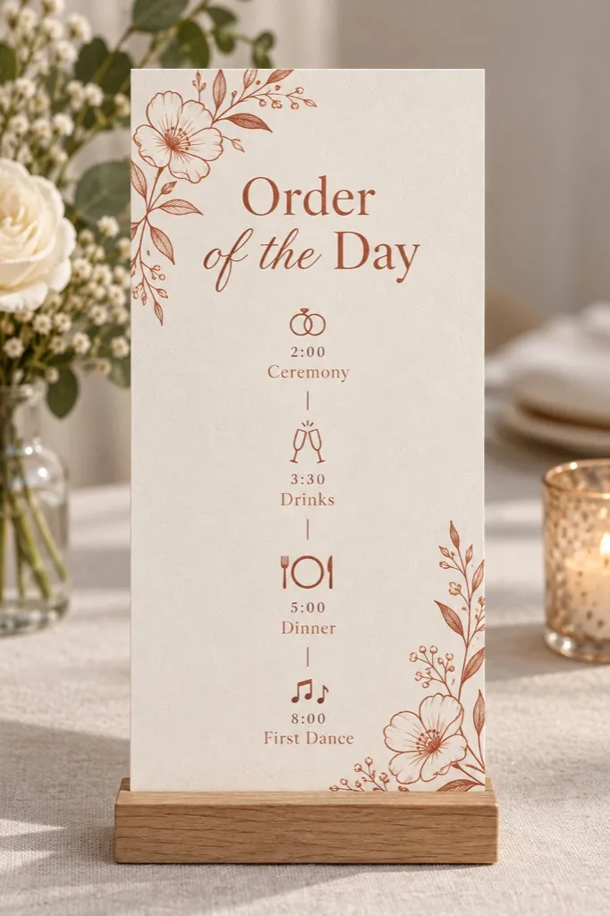 Terracotta order of the day card in a wooden stand, from the ceremony to the first dance