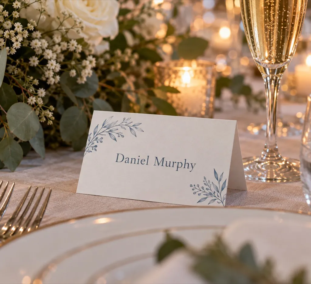 Blue botanical tent place card for Daniel Murphy on a wedding table