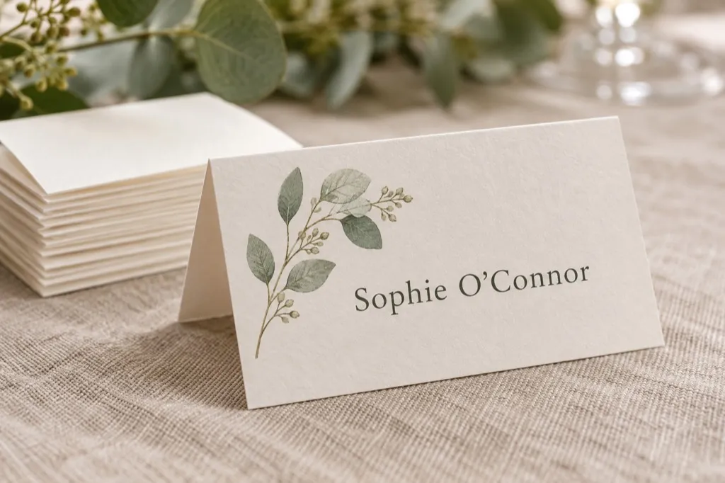 Sage eucalyptus place card for Sophie O’Connor, with a stack of cards behind it