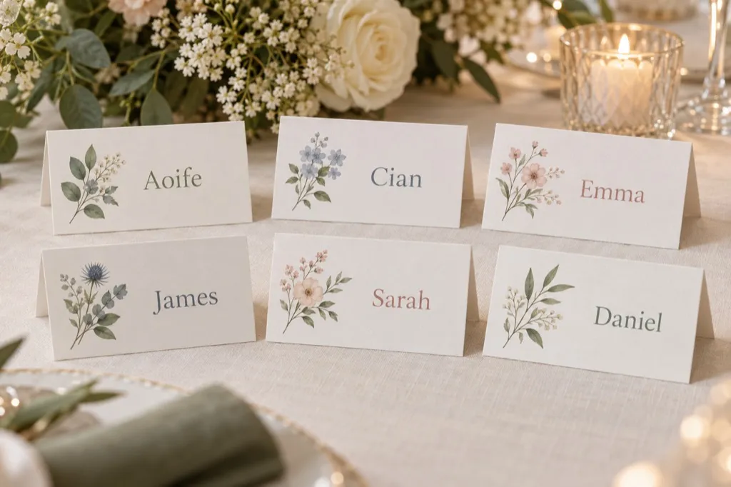 A set of floral tent place cards with guest names Aoife, Cian, Emma, James, Sarah and Daniel