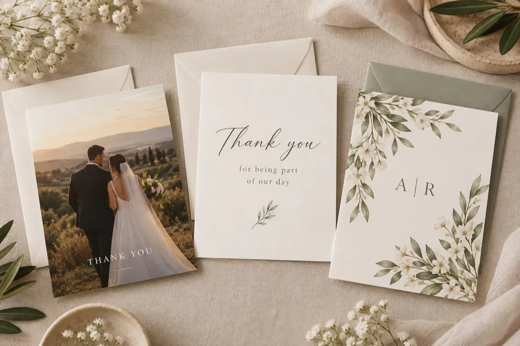 Three wedding thank-you cards: a couple photograph, a script thank you, and an A and R monogram wreath