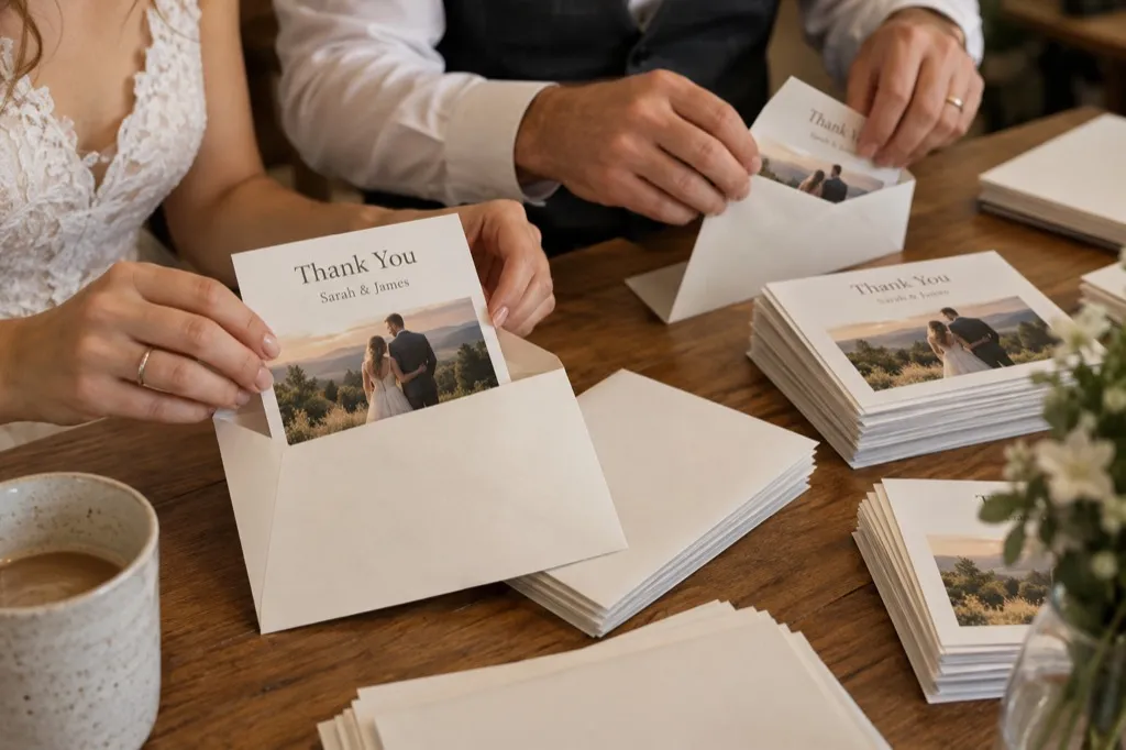 A couple sealing photo thank-you cards for Sarah and James into envelopes