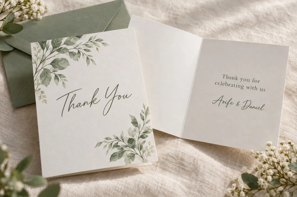 Folded sage thank-you card from Aoife and Daniel, open beside a green envelope