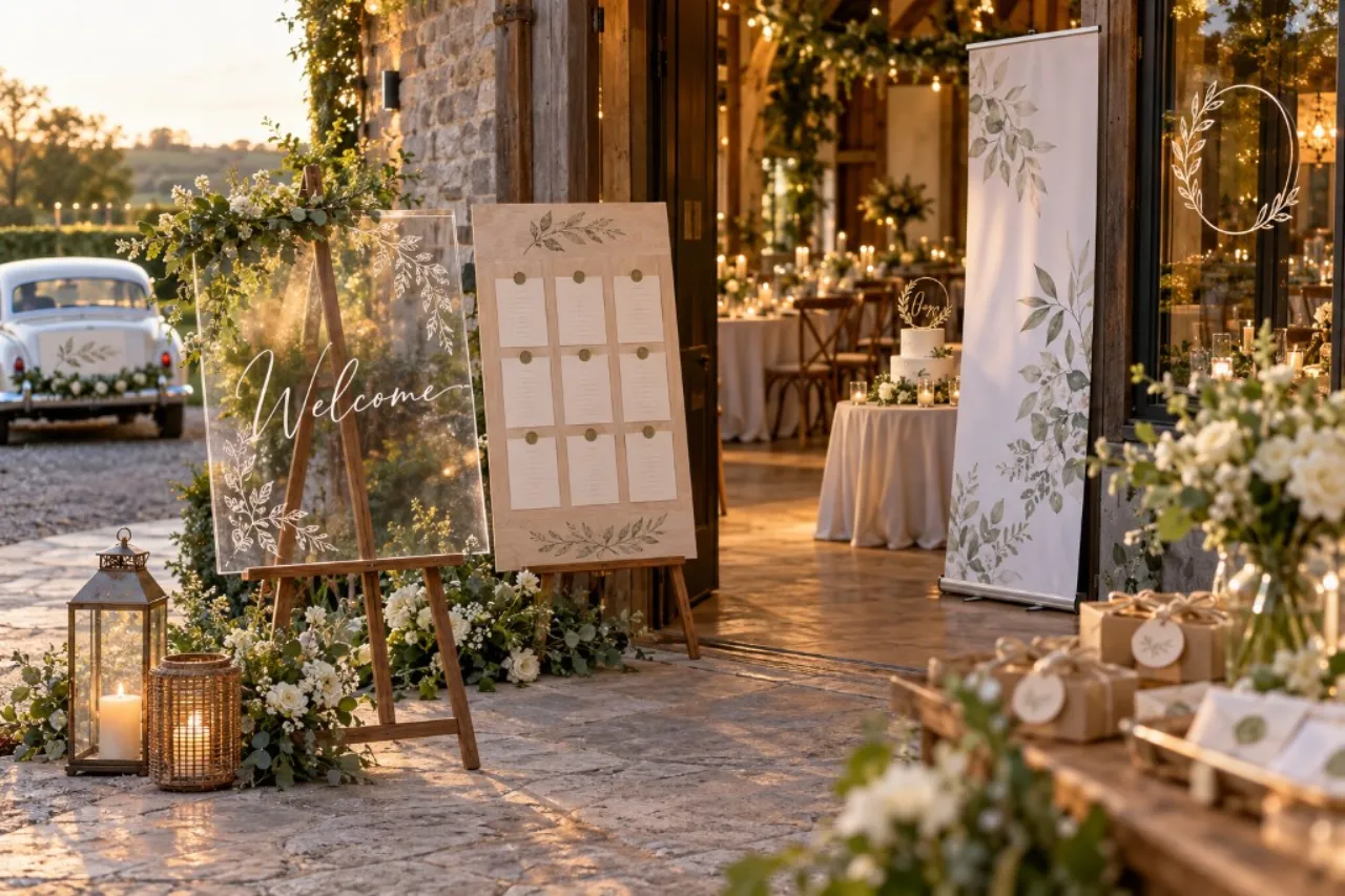 Wedding welcome sign, seating chart, roll-up banner and window decal for an Irish venue
